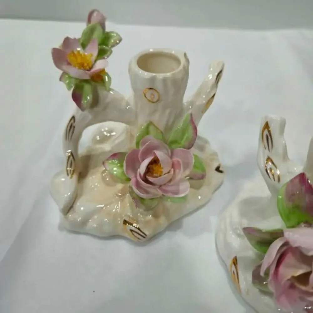 Aynsley Bone China Floral Candle Holders Pair